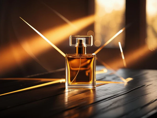 Square crystal perfume bottle with golden liquid on a dark wooden surface — example of an own-branded line