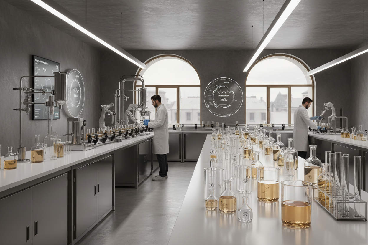 ITAC Parfums laboratory in France — perfumers blending oils under arched daylight windows, beakers of amber composition arranged on the dosing bench